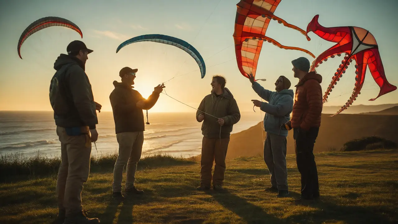 Group of friends flying kites at a coastal park