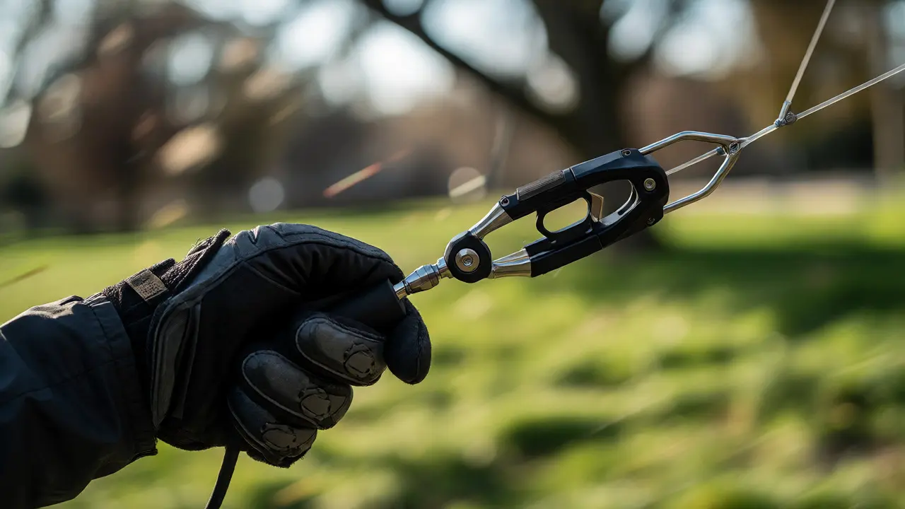 Hand holding a quick-release connector on a strained kite line