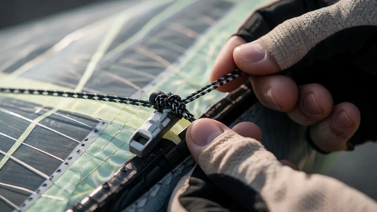 Hands adjusting kite bridle knots to increase sail tension