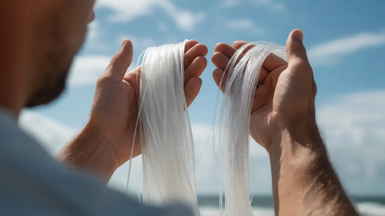 Hands comparing stiff Dyneema and flexible Spectra kite line materials outdoors.