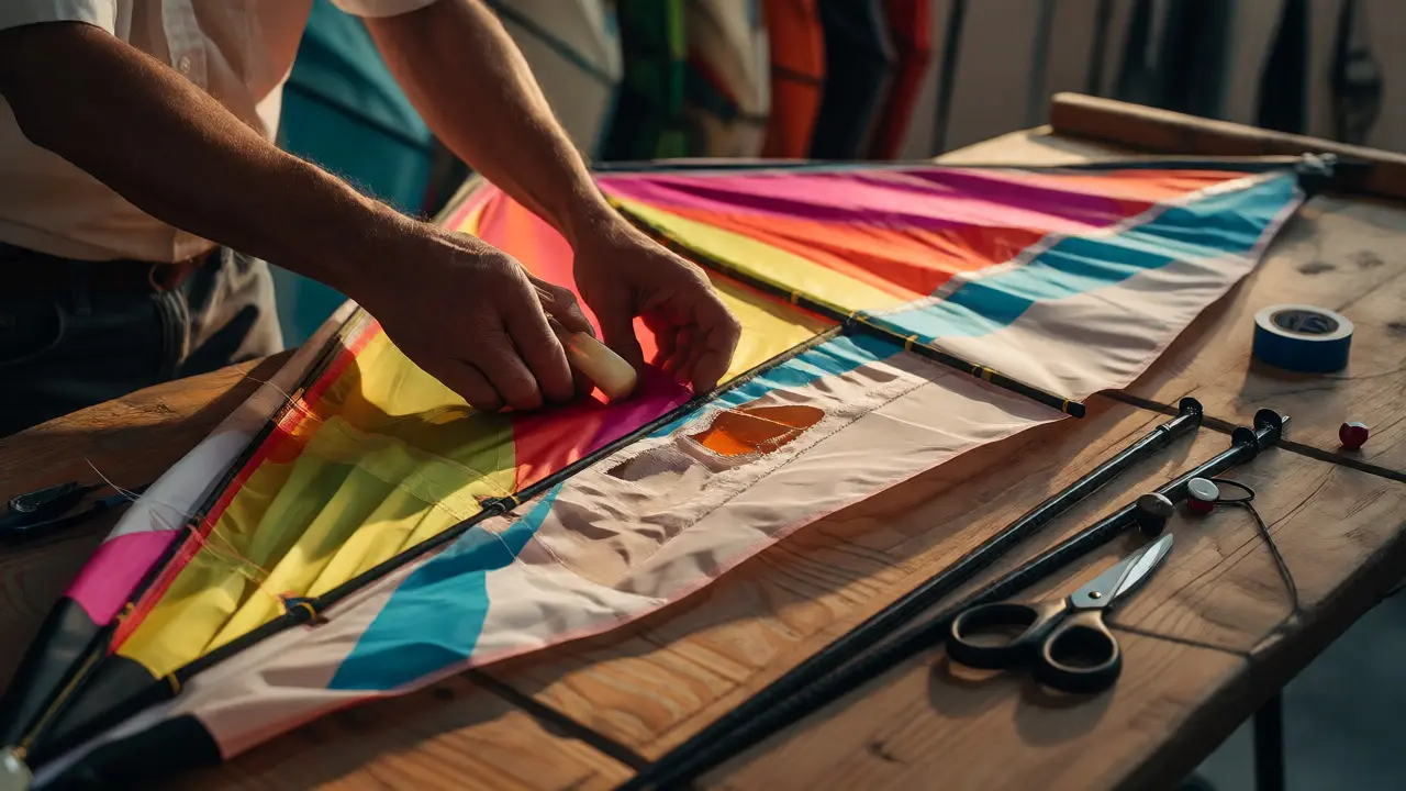 Hands repairing a kite sail with tape and tools