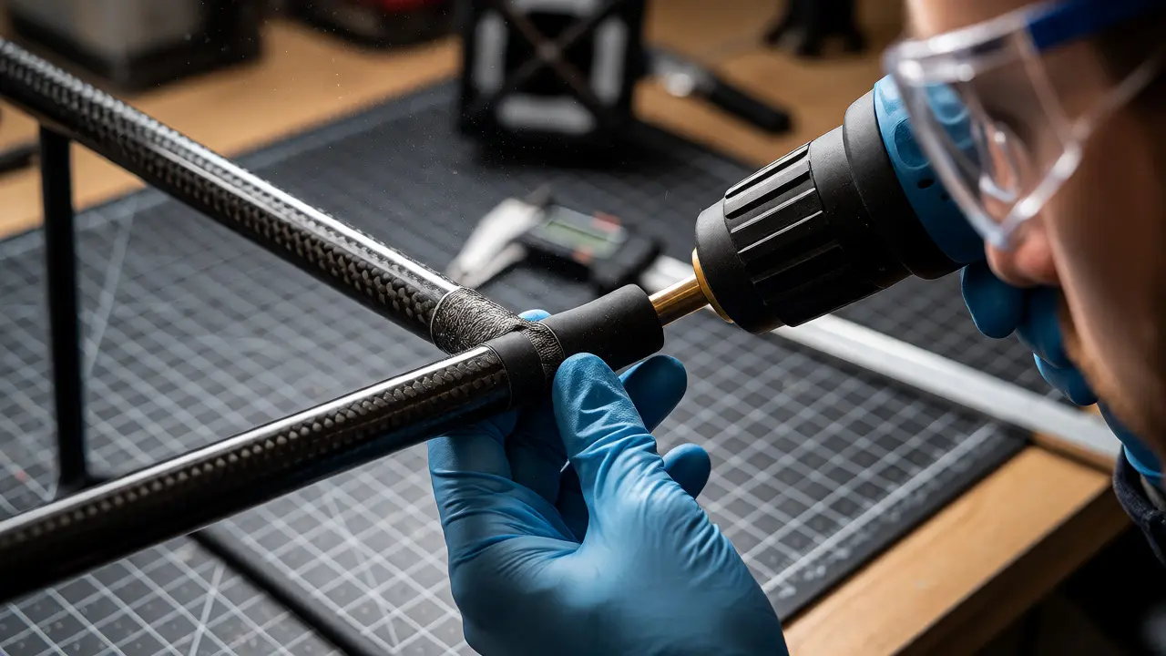 Hands using heat gun on carbon fiber kite spar with safety gear and ventilation