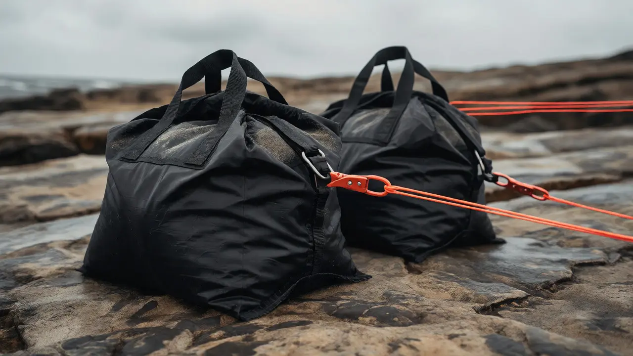 Heavy sand bags securing kite lines on a rocky beach surface