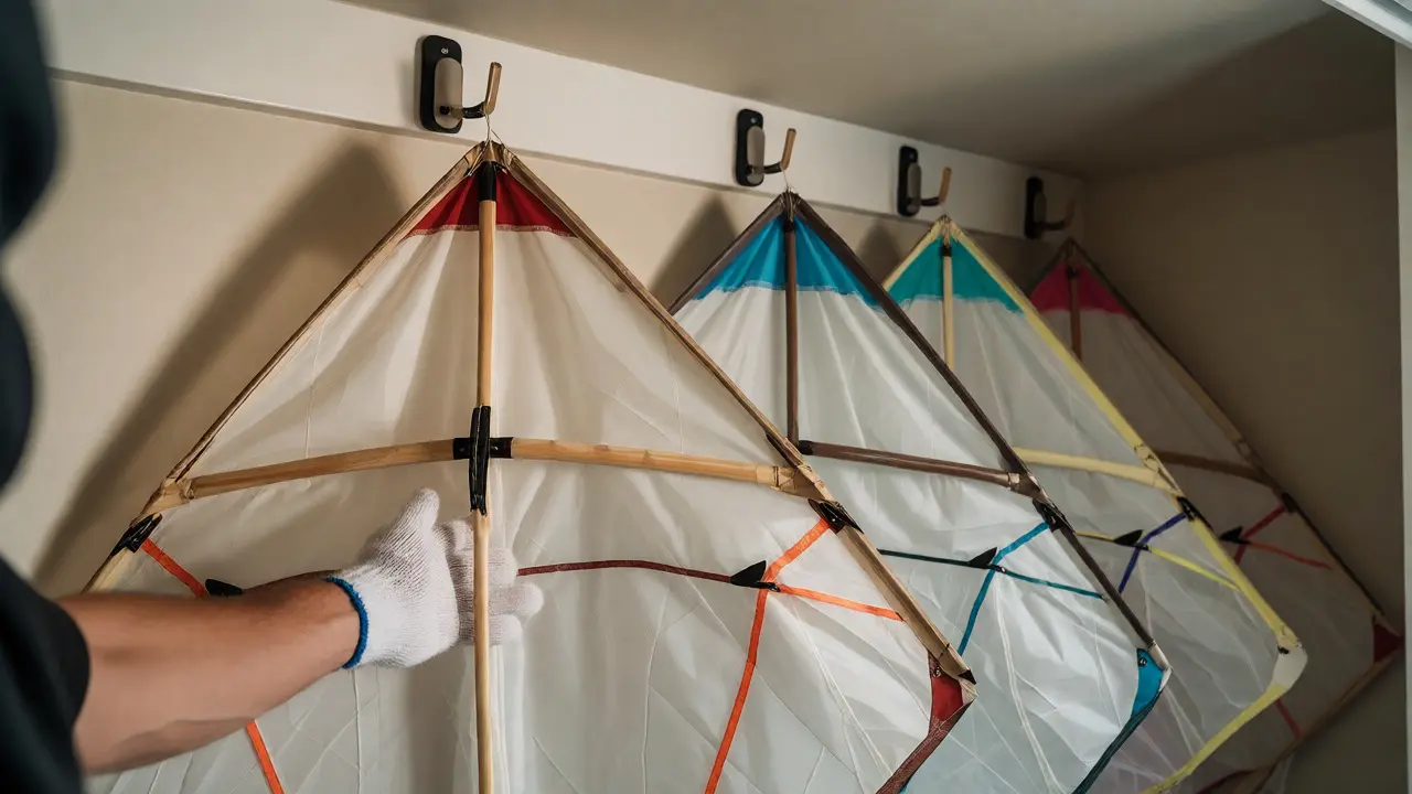Indoor kites hanging on padded hooks in a closet for crease-free storage.
