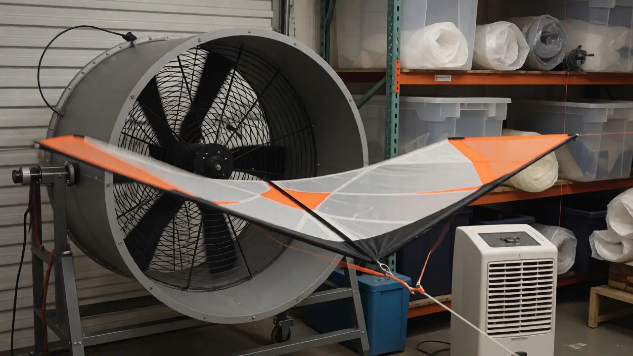 Kite being tested in front of industrial fan at indoor tuning station
