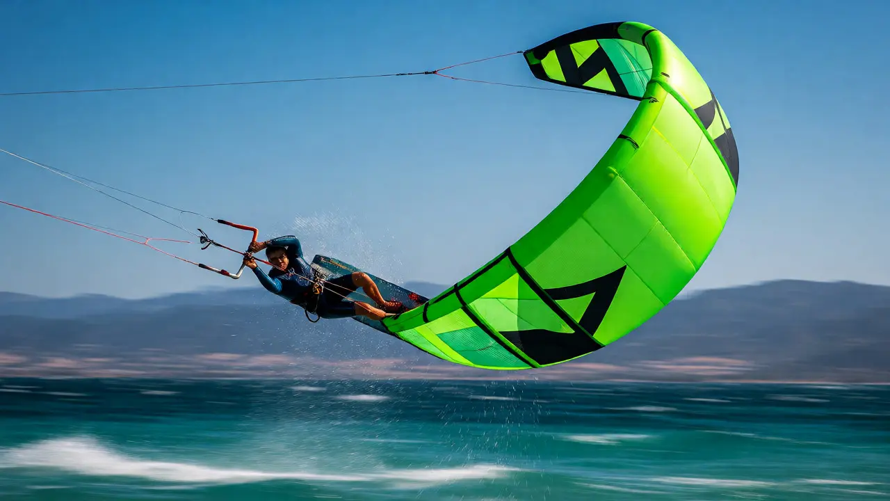 Kiteboarder jumping high over blue ocean water with a neon kite