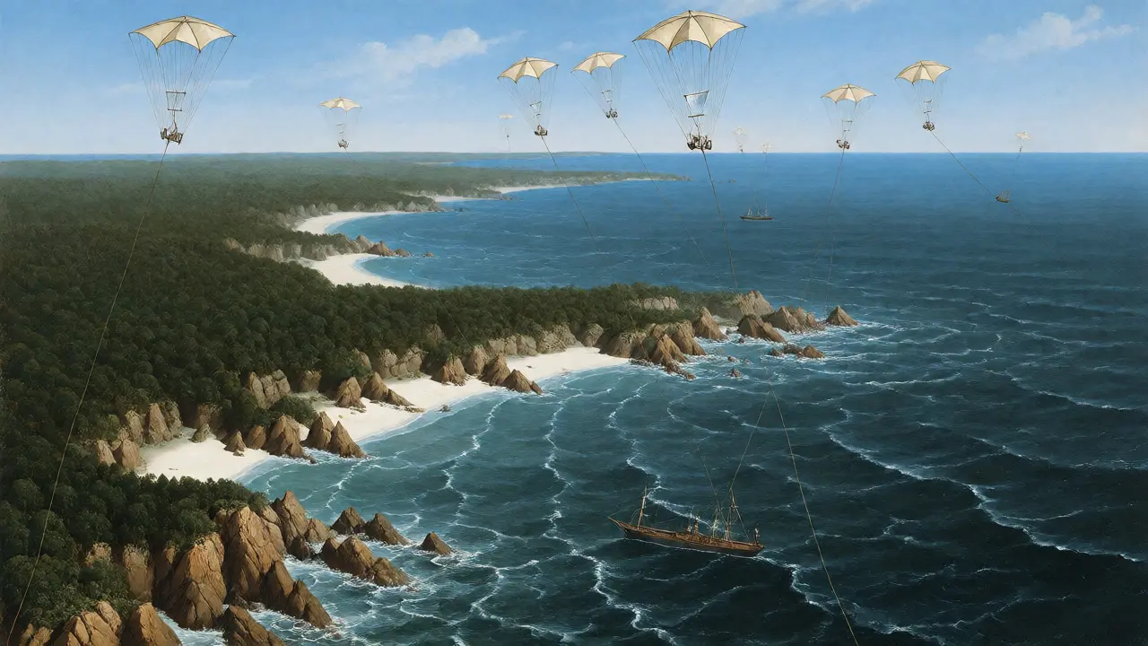 Naval officers using box kites to map a coastal landscape from the sea