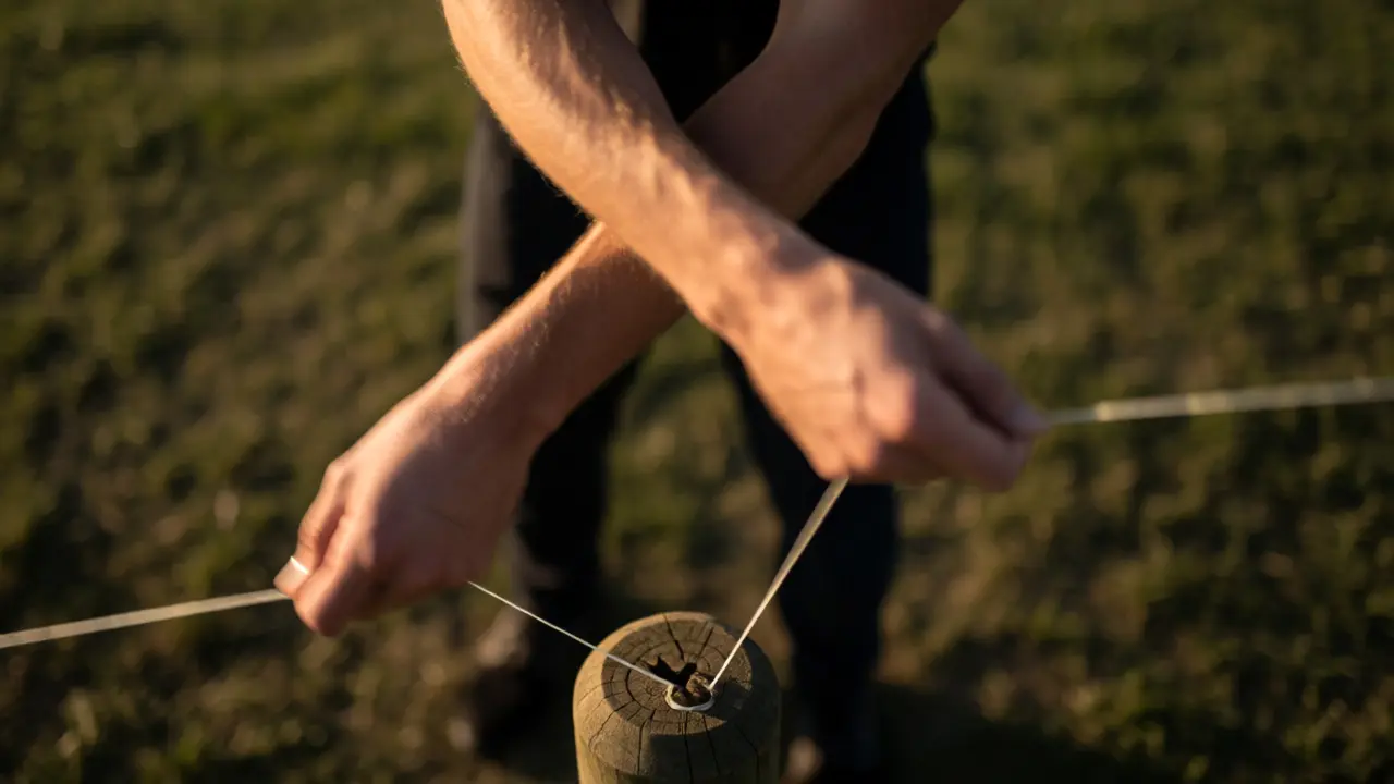 Person practicing cross-pull hand drills with strings anchored to a post.