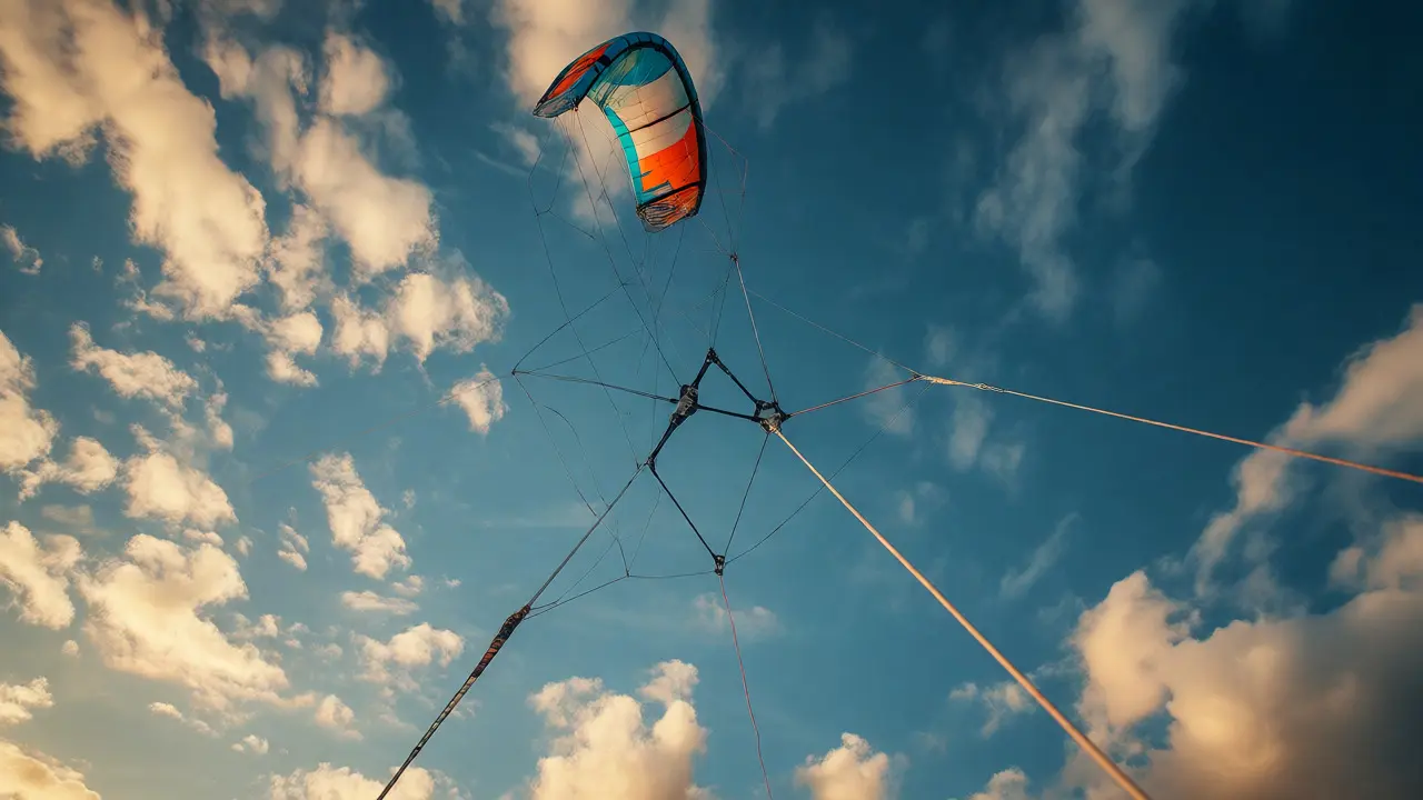 Power kite flying high with taut, well-maintained bridle lines against a blue sky.