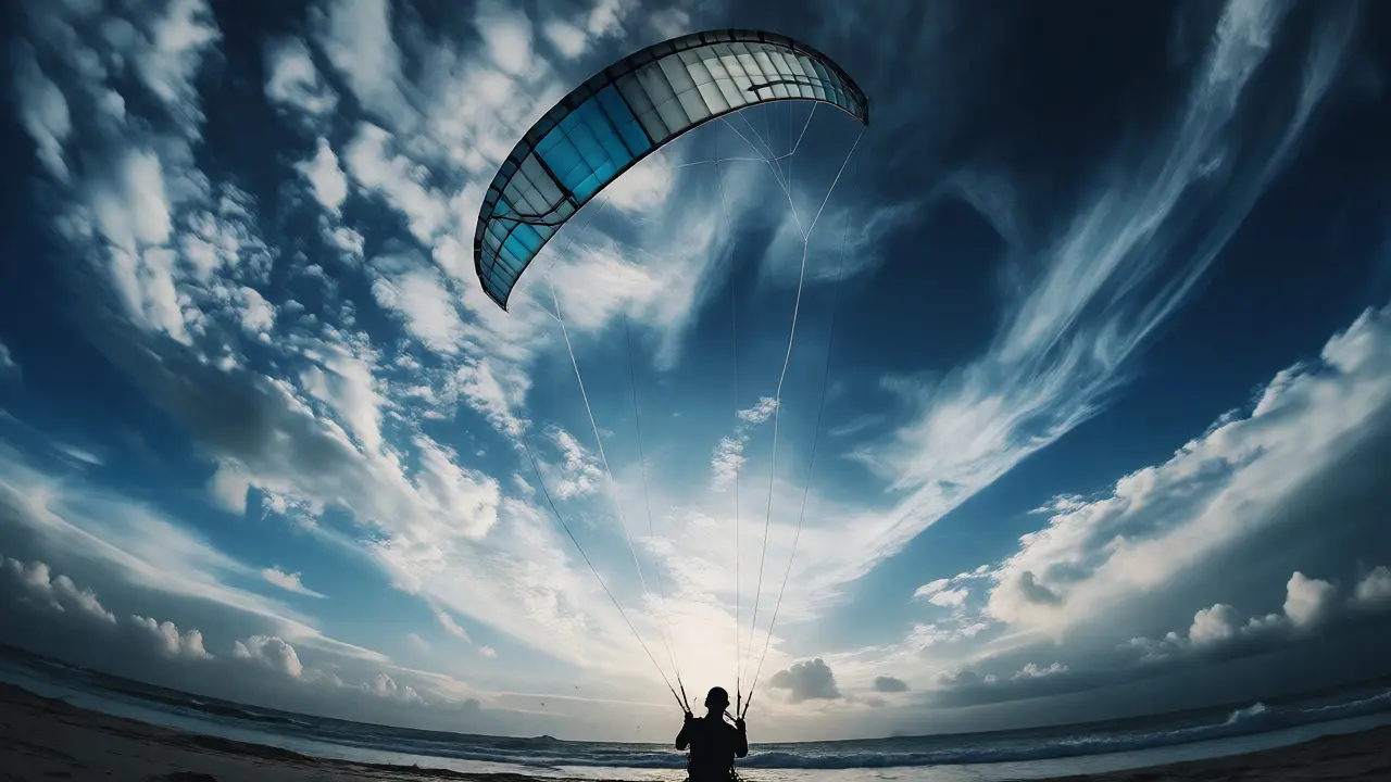 Quad-line kite hovering precisely in the sky during an aerial trick