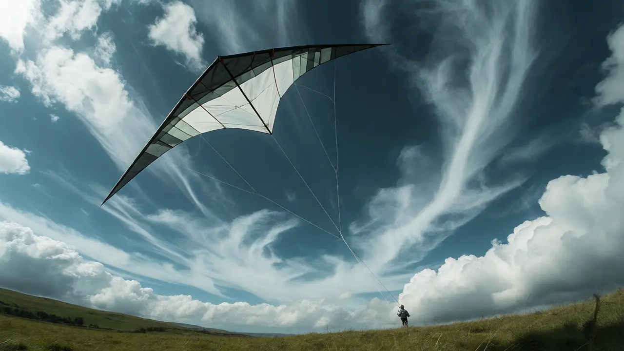 Stunt kite flying high above a pilot on a grassy hill under cloudy skies.