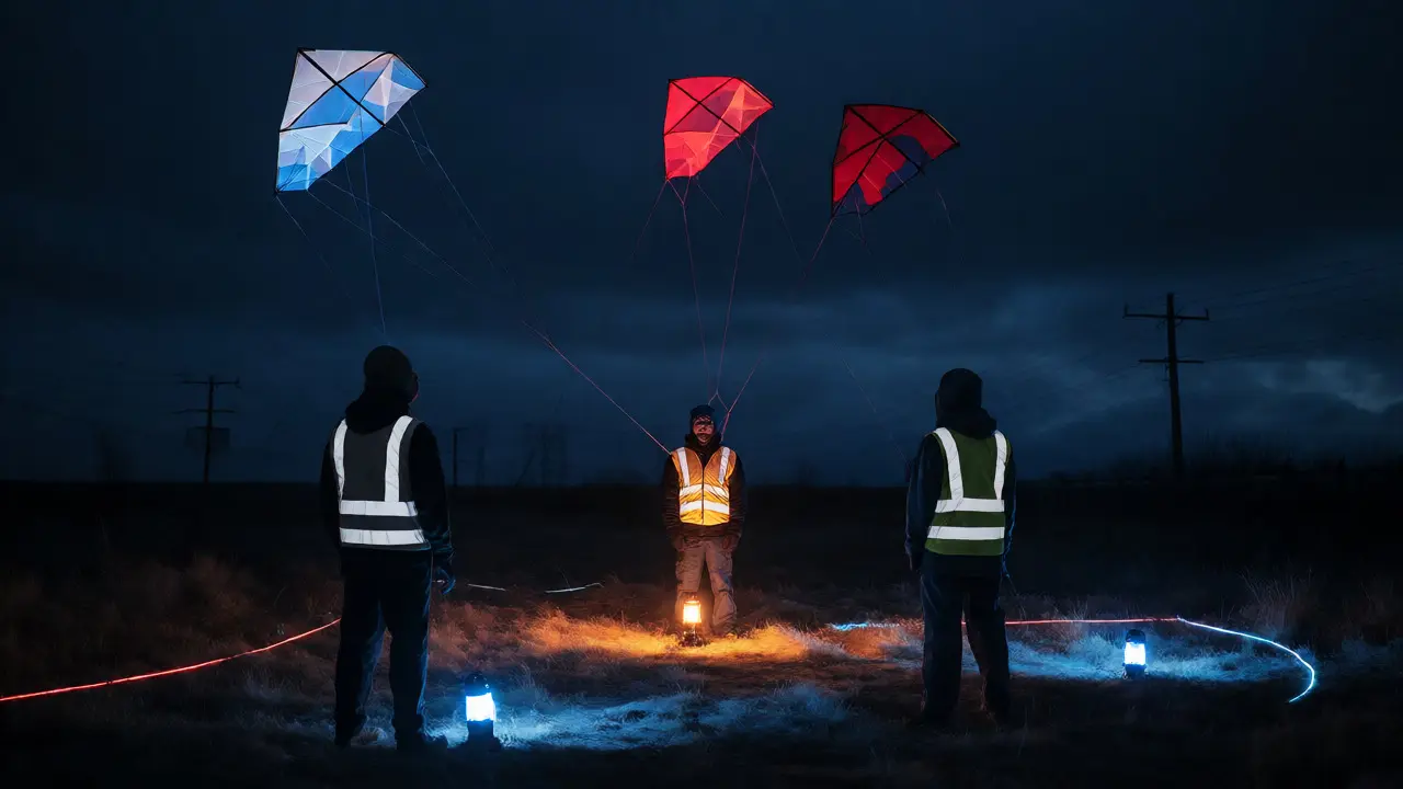 Three people in reflective vests fly distinctively lit kites in a dark field.