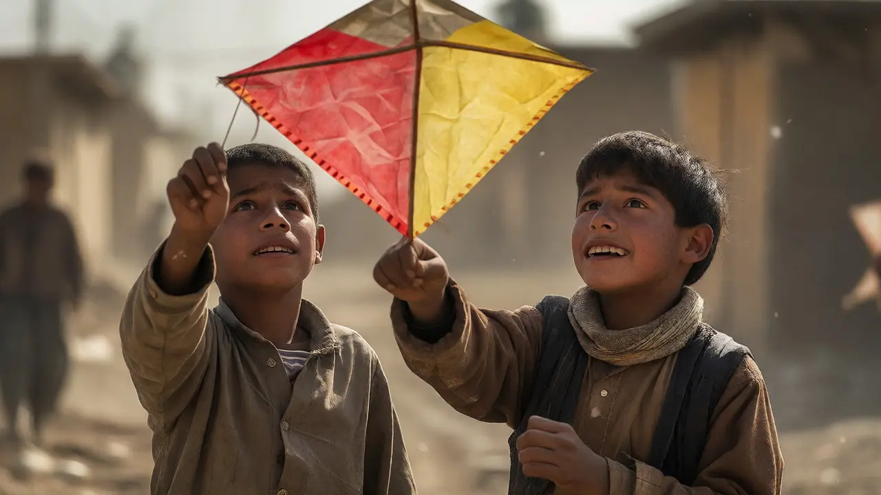 Two Afghan boys flying a kite, symbolizing hope and cultural resilience
