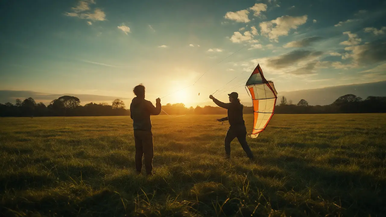 Two people assisting each other to launch a kite in an open grassy field at sunset.