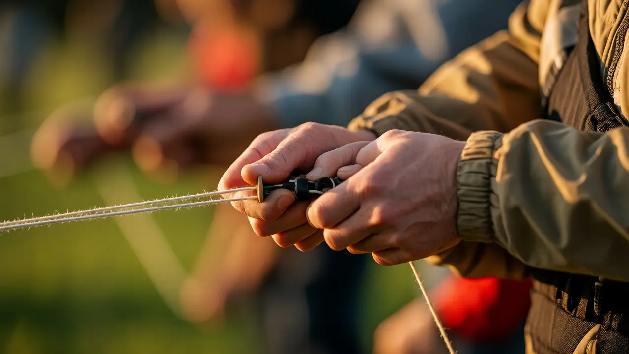 Visually impaired person learning to fly a kite with instructor