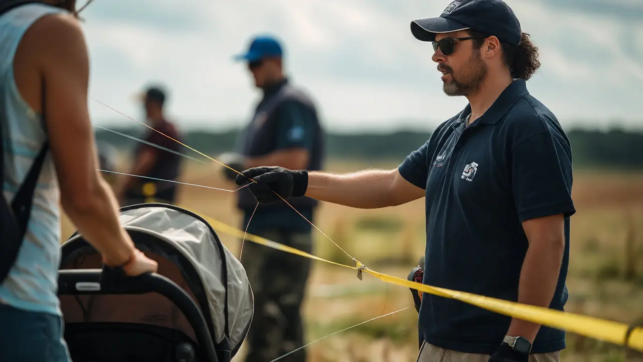 Volunteer managing crowd safety near kite flight zones