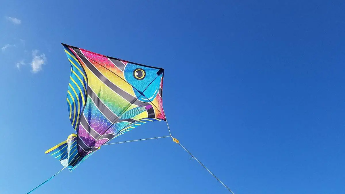 Rainbow fish kite flying against blue sky
