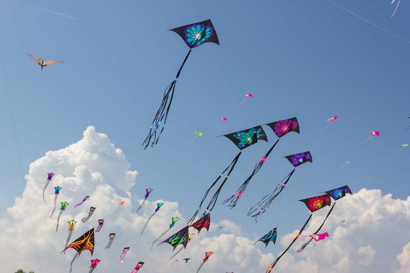 Multiple colored delta kites in partly cloudy sky