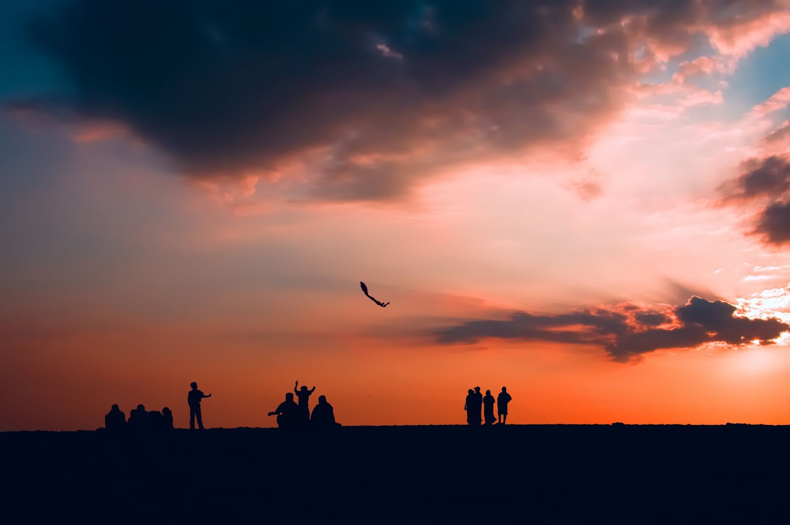 Silhouettes of people and kites after sunset